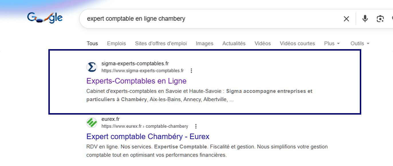 Résultat Google SEO Chambéry Sigma Experts Comptables